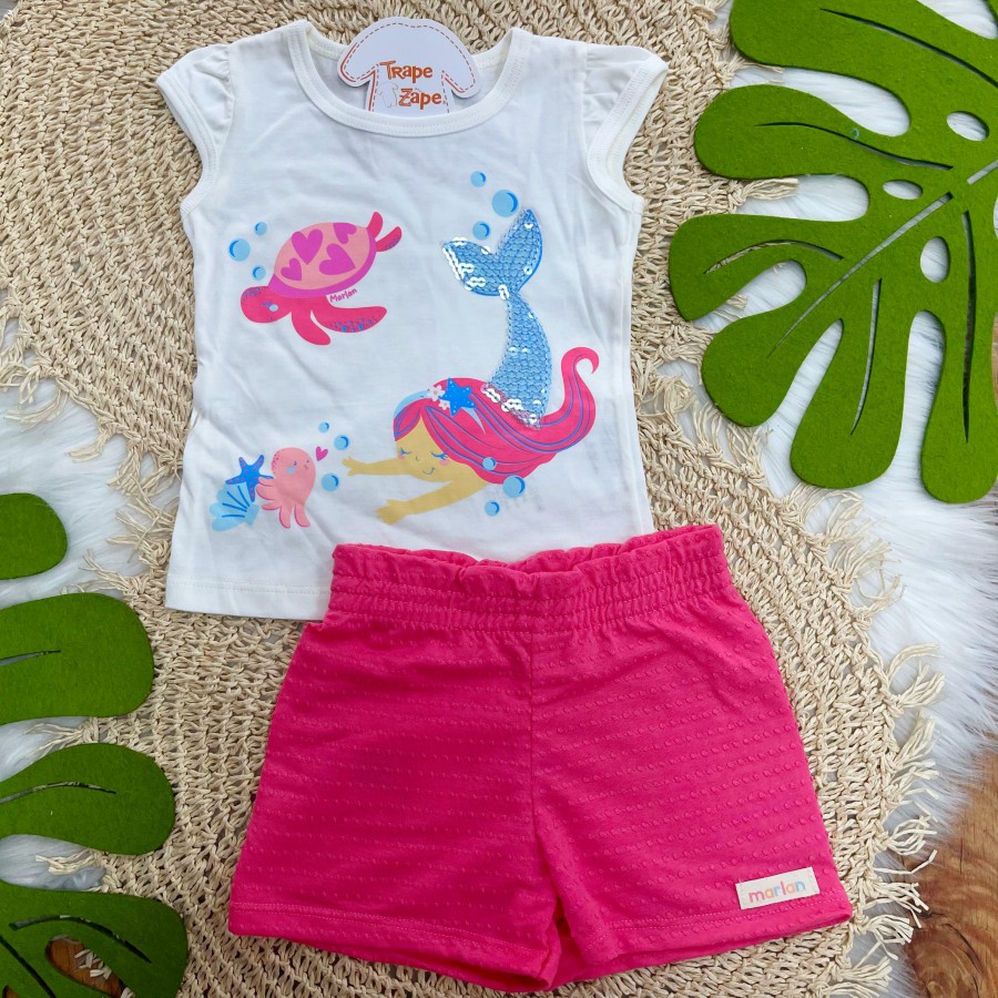Conj Blusa Fundo do Mar Sereia e Short Pink